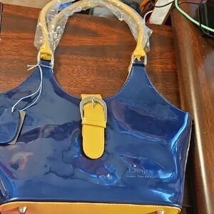 Beijo Shiny Blue Patent Shoulder Bag with Tan Trim